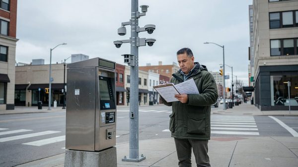 Municipal planner reviewing grant application paperwork next to a downtown parking kiosk and sensor pole