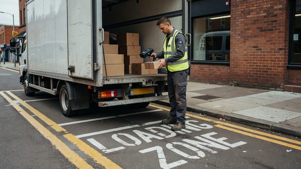 Commercial delivery truck at a marked urban loading zone with a driver using a handheld device