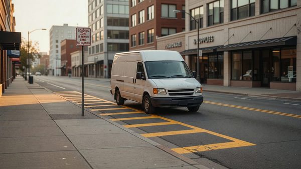 Downtown commercial loading zone with a delivery van parked at a curb marked with yellow zone striping