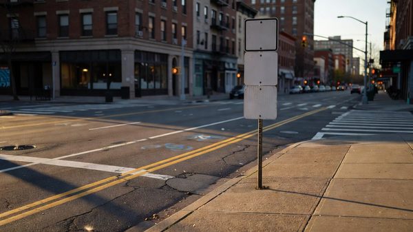 City street curb with parking signs and painted markings representing digitized curb regulations