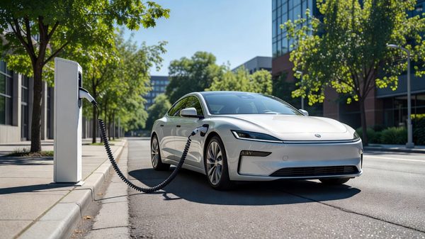 Electric vehicle plugged into a curbside charging station on an urban street