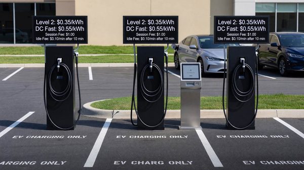 Electric vehicle charging stalls with pricing display and payment terminal in a paved commercial parking lot