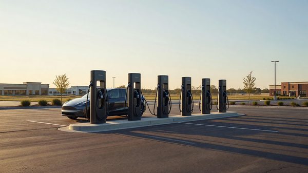 Electric vehicle fast-charging ports installed at the edge of a paved commercial parking lot
