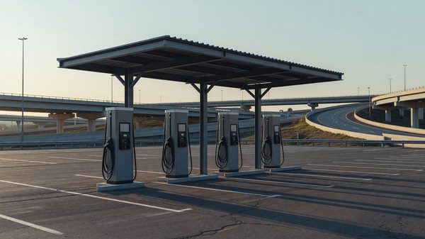 DC fast-charging stalls with overhead canopy in a paved lot beside a highway interchange