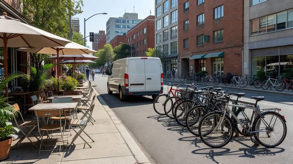 Busy urban curb lane with a delivery van, outdoor dining platform, and bike parking competing for the same frontage