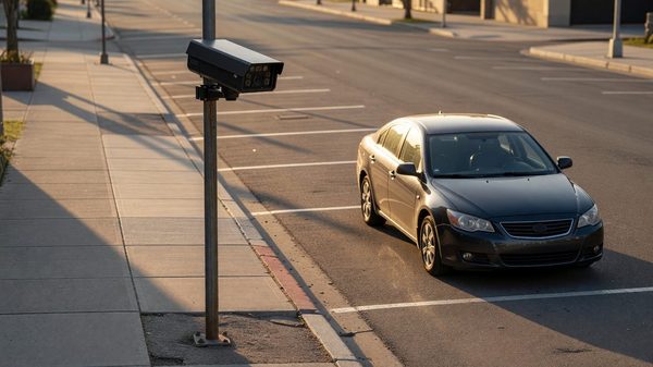 License plate reader camera mounted on a pole above a curbside parking lane in an urban street